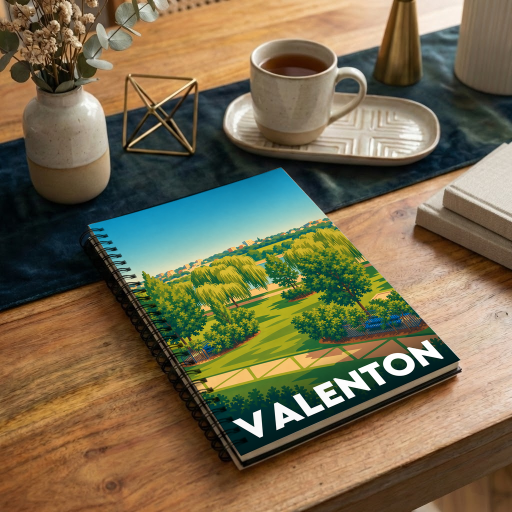 Carnet souvenir de la ville de Valenton avec une illustration stylisée de son paysage.