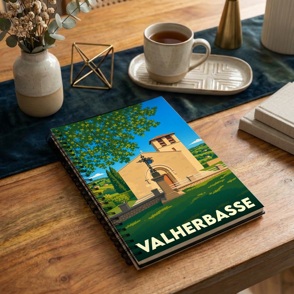 Carnet souvenir de la ville de Valherbasse avec une illustration stylisée de son église.