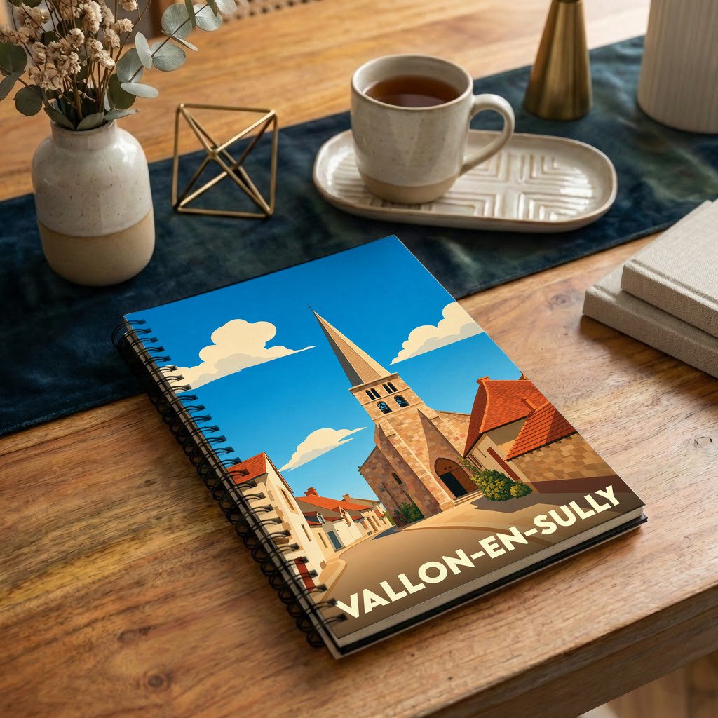 Carnet souvenir de la ville de Vallon-en-Sully avec une illustration stylisée de son église sous un ciel bleu.