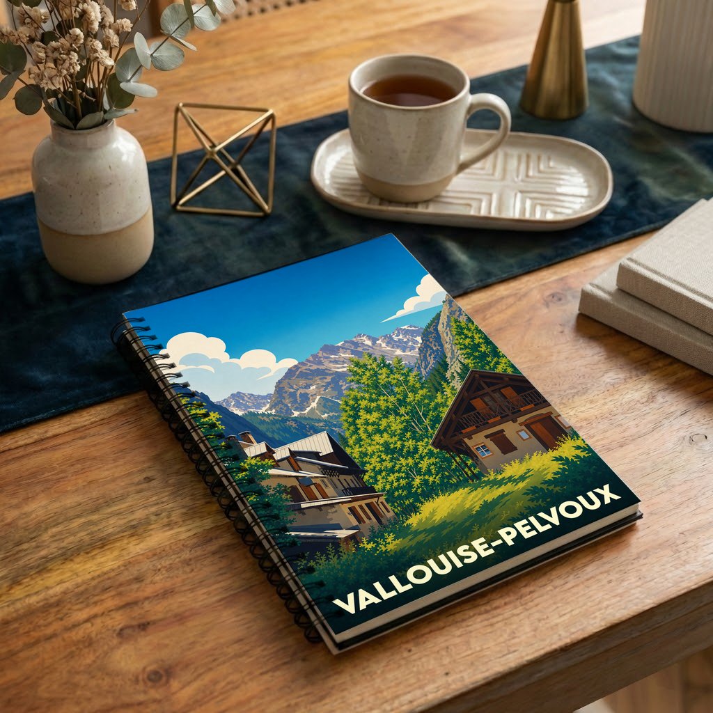 Carnet à spirales souvenir de la ville de Vallouise-Pelvoux avec une illustration stylisée de chalets et de montagnes.