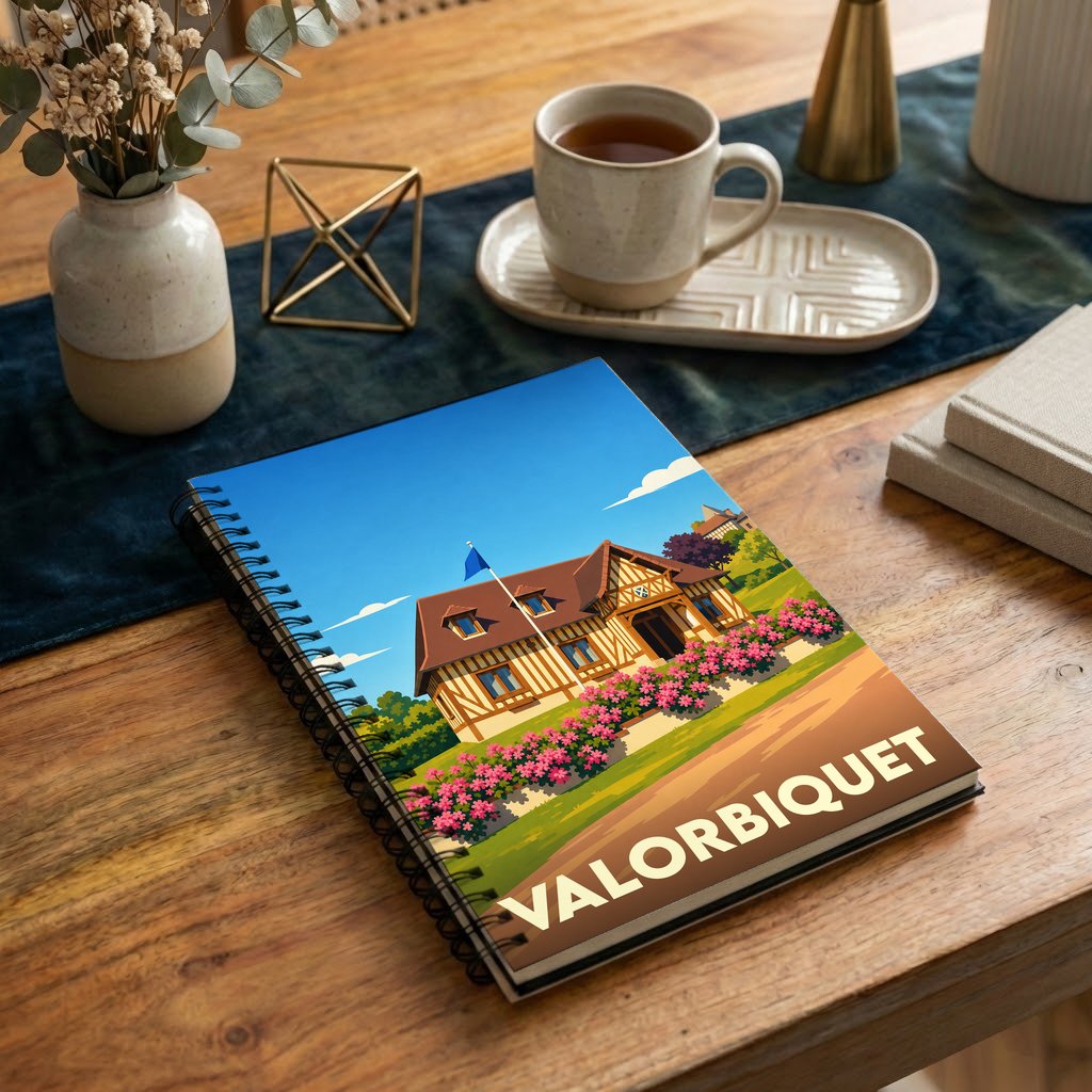 Carnet à spirales souvenir de la ville de Valorbiquet avec une illustration stylisée d'une maison à colombages.