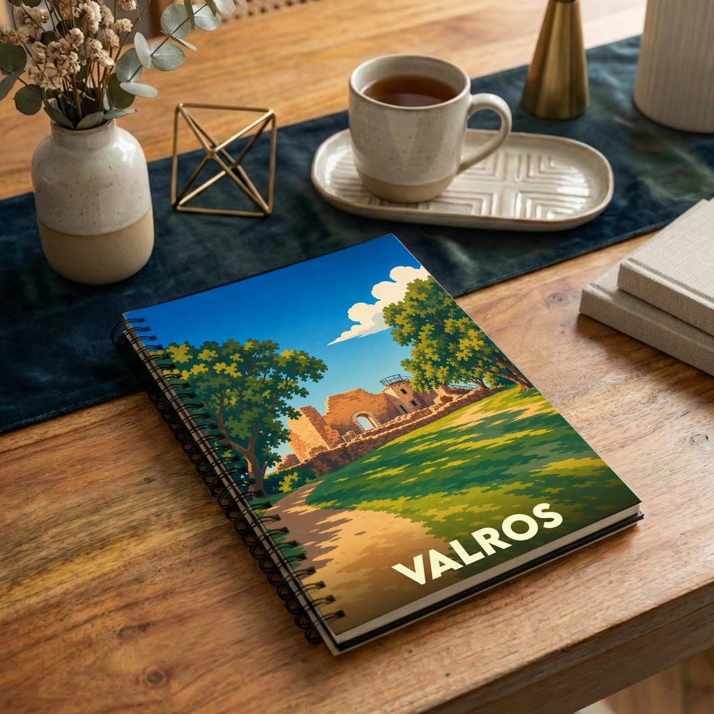 Carnet à spirales souvenir de la ville de Valros avec une illustration stylisée de ses ruines historiques.