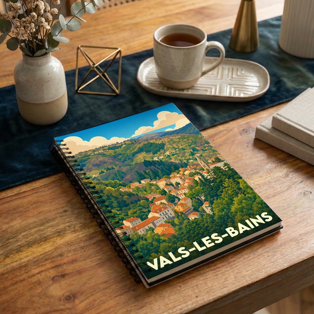 Carnet à spirales souvenir de la ville de Vals-les-Bains avec une illustration stylisée de ses paysages verdoyants.