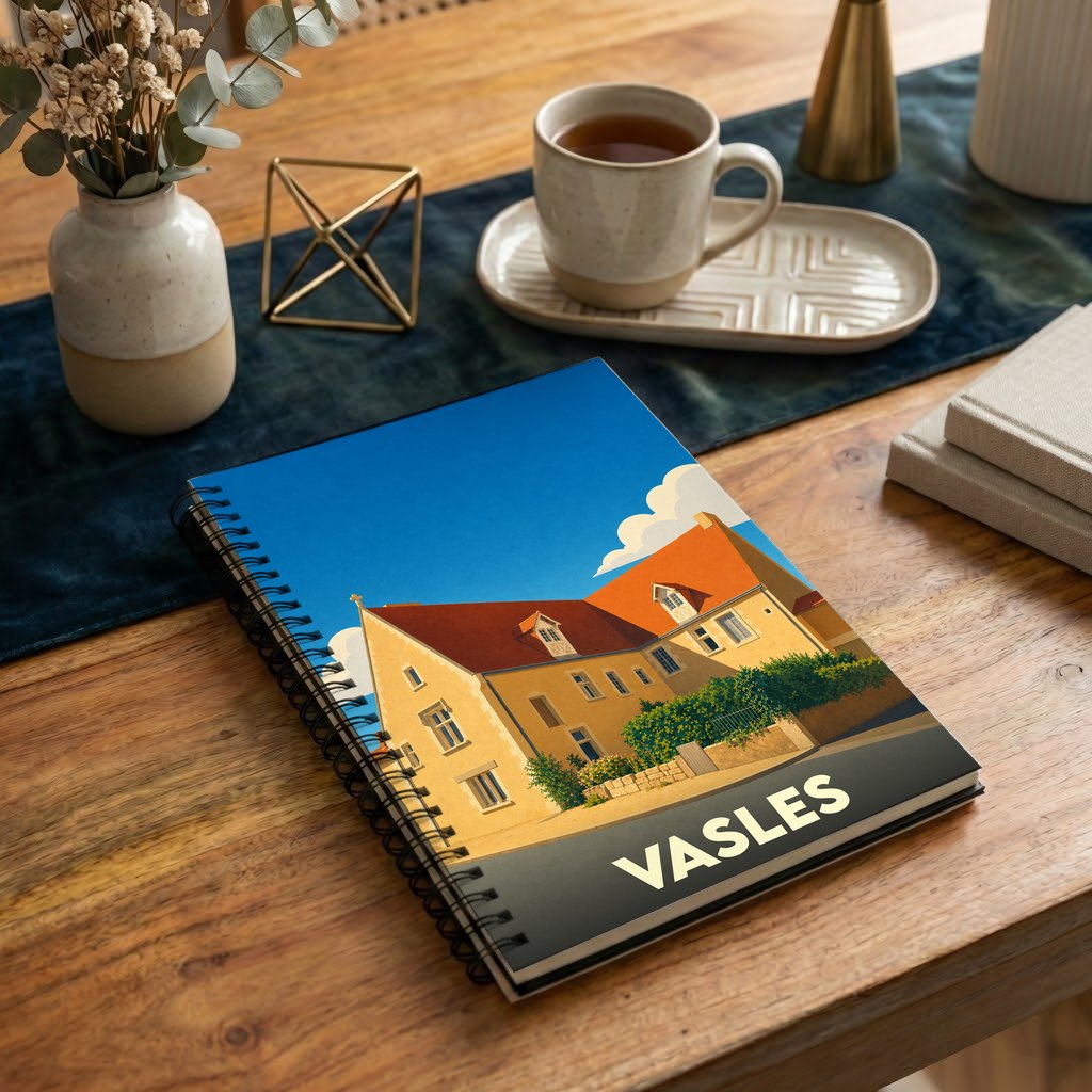 Carnet de notes souvenir de la ville de Vasles illustré d'une vue stylisée de ses bâtiments emblématiques.