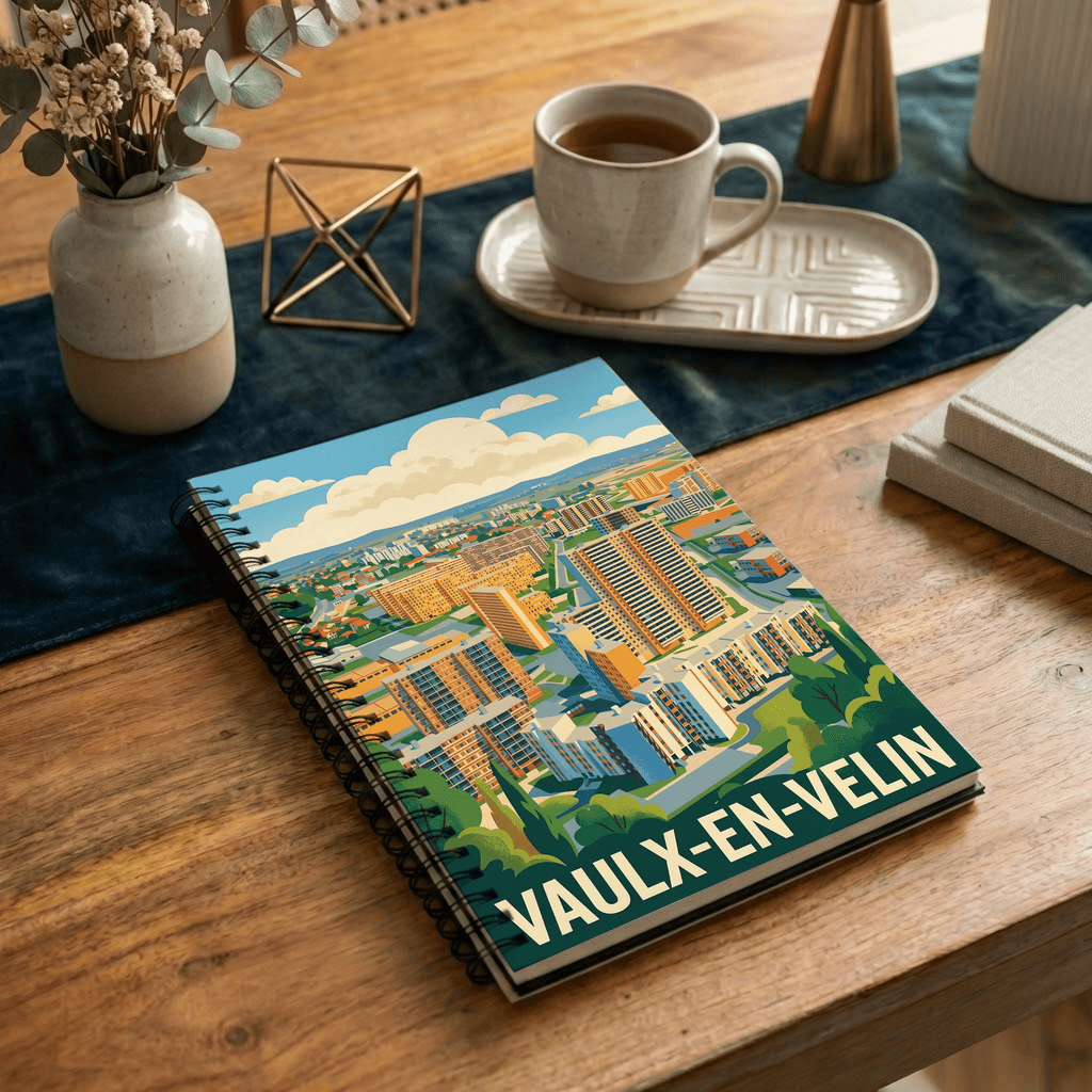 Carnet souvenir de la ville de Vaulx-en-Velin avec une illustration stylisée.