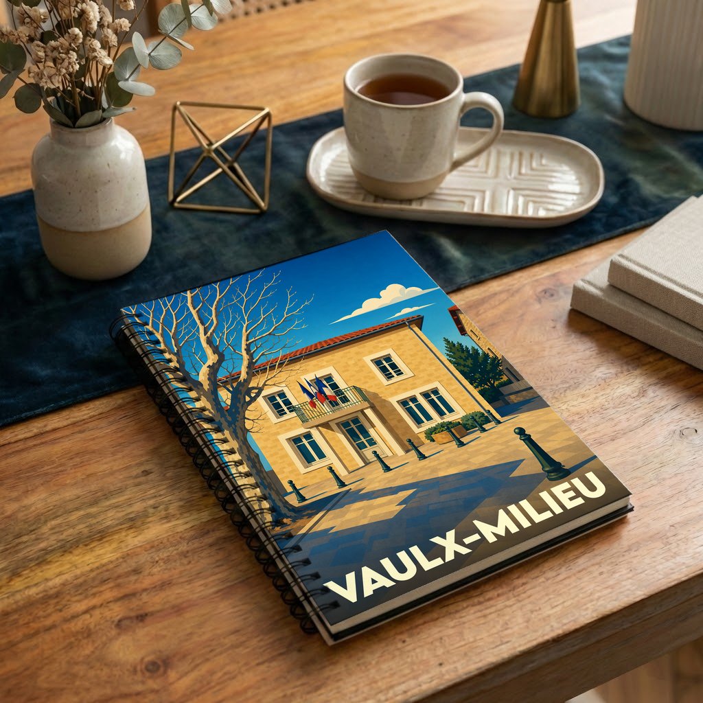 Carnet à spirales souvenir de la ville de Vaulx-Milieu avec une illustration stylisée de sa mairie.
