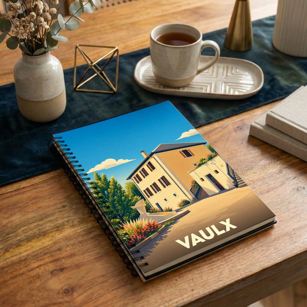 Carnet à spirales souvenir de la ville de Vaulx avec une illustration stylisée d'une maison ensoleillée.