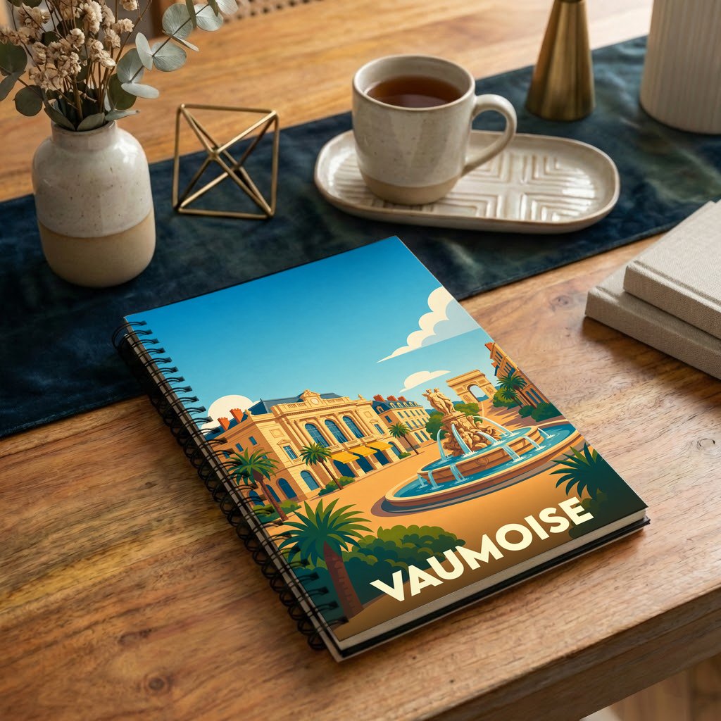 Carnet de notes à spirales souvenir de la ville de Vaumoise avec une illustration stylisée.