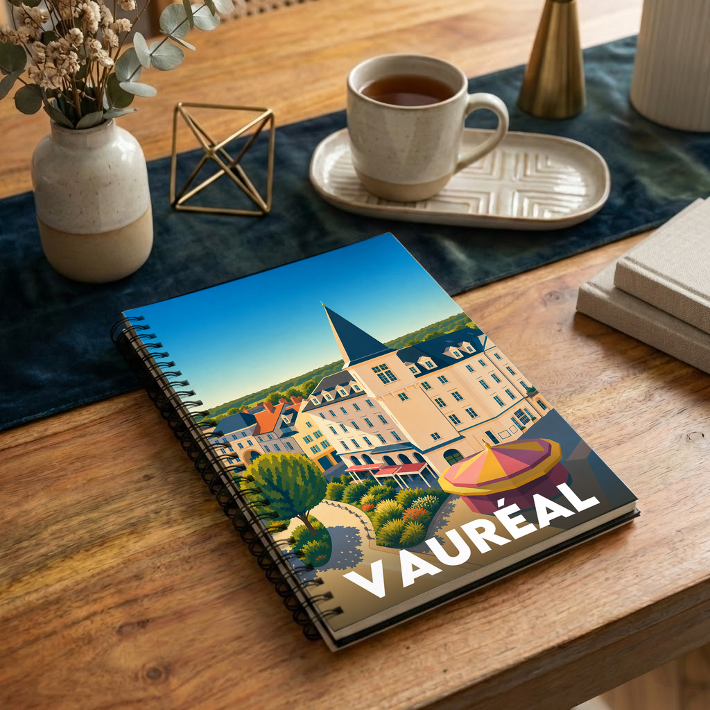Carnet à spirales souvenir de la ville de Vauréal avec une illustration stylisée.