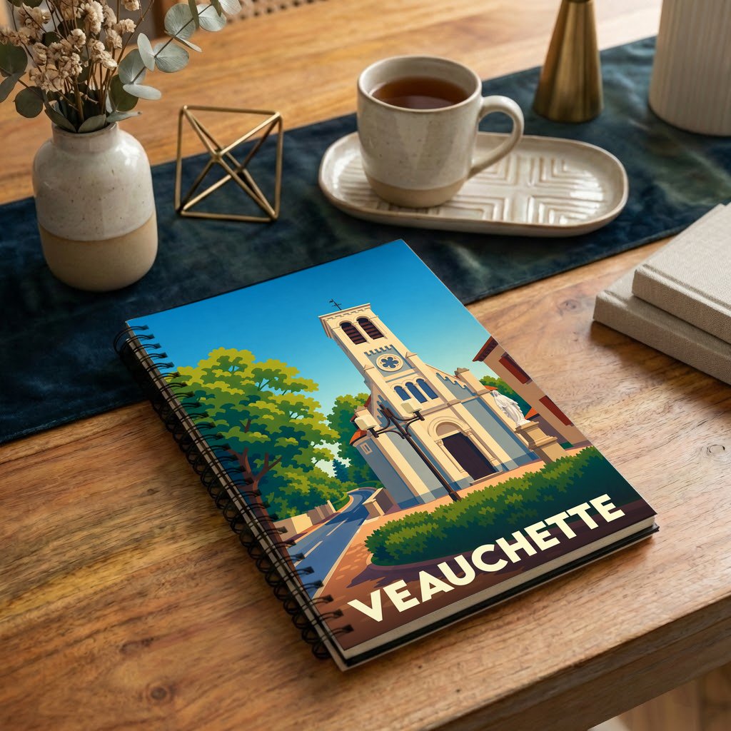 Carnet souvenir de la ville de Veauchette avec une illustration stylisée de son église.