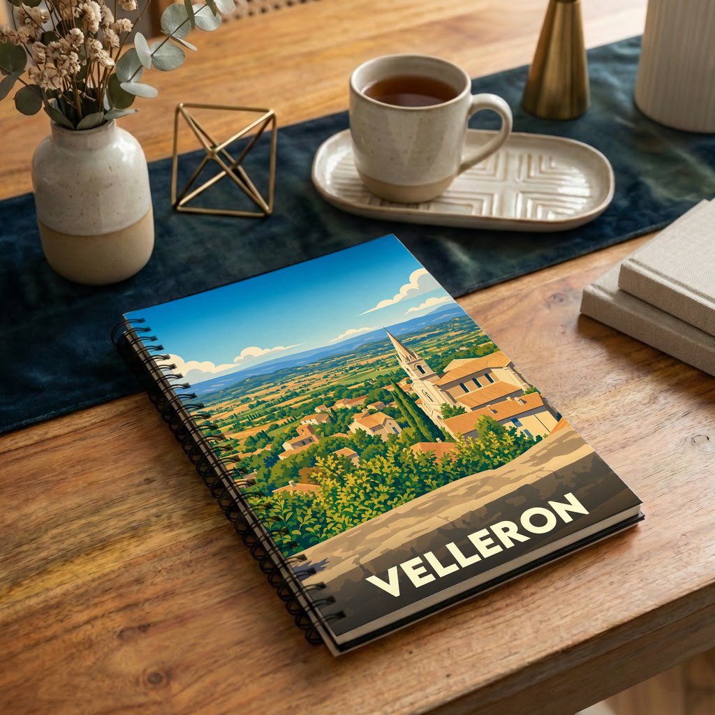 Carnet à spirales souvenir de la ville de Velleron illustré par un paysage provençal stylisé.