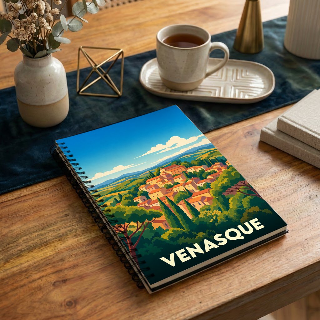 Carnet à spirales souvenir de la ville de Venasque avec une illustration stylisée de son village perché.