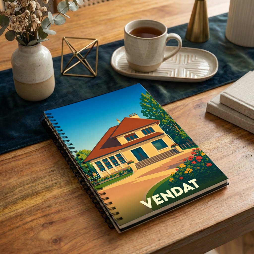 Carnet à spirales souvenir de la ville de Vendat avec une illustration stylisée d'une maison.