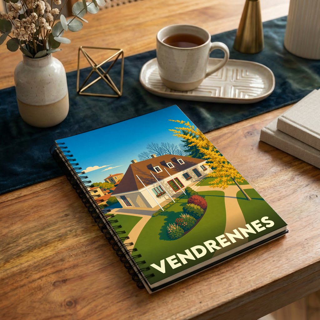 Carnet à spirales souvenir de la ville de Vendrennes avec une illustration stylisée d'une maison vendéenne.