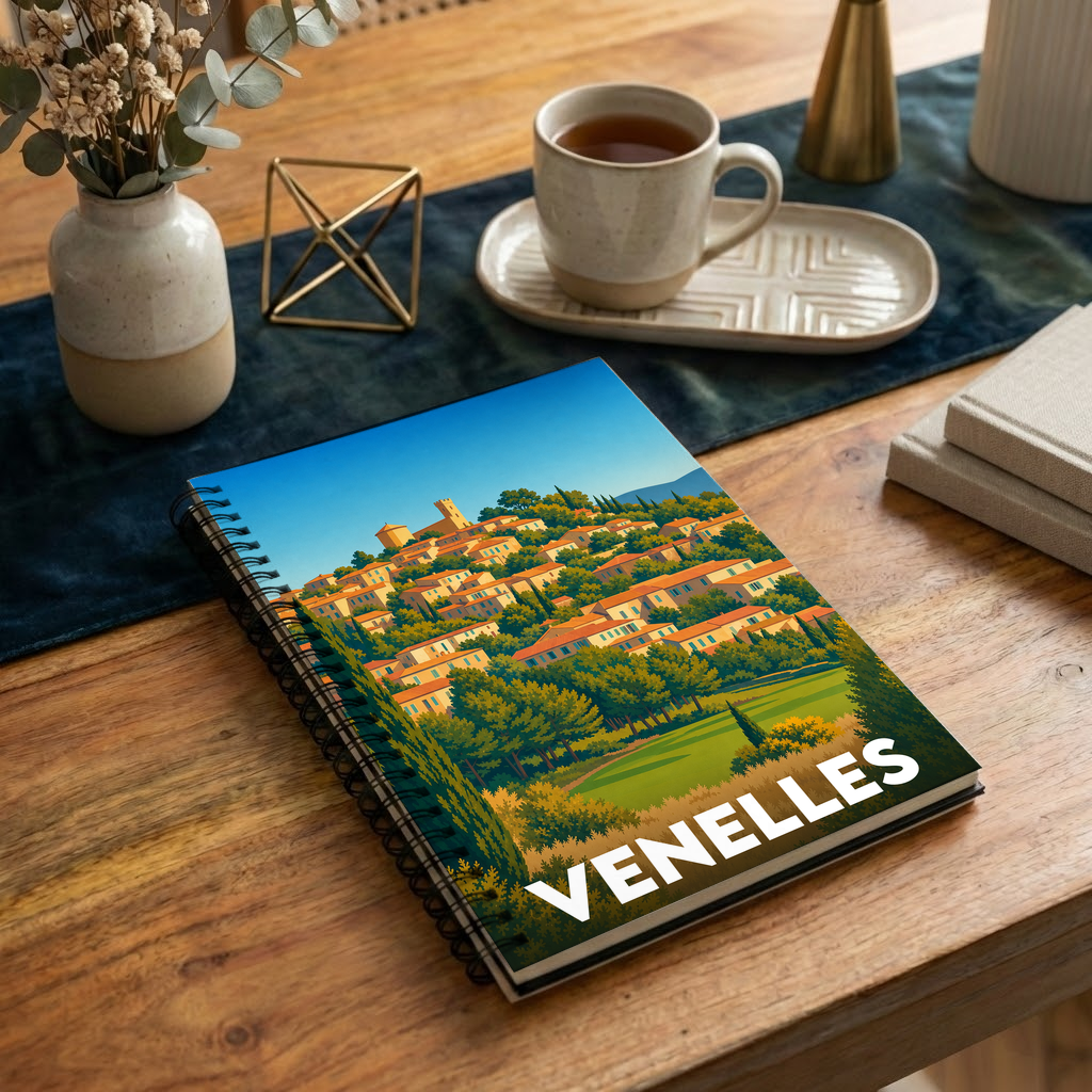 Carnet souvenir de la ville de Venelles avec une illustration stylisée de son village perché.