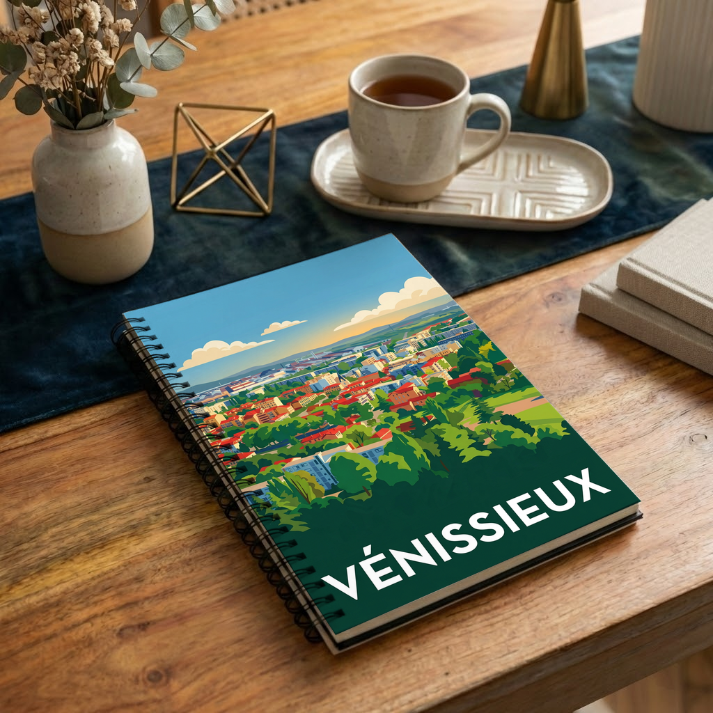 Carnet souvenir de la ville de Vénissieux avec une illustration stylisée.