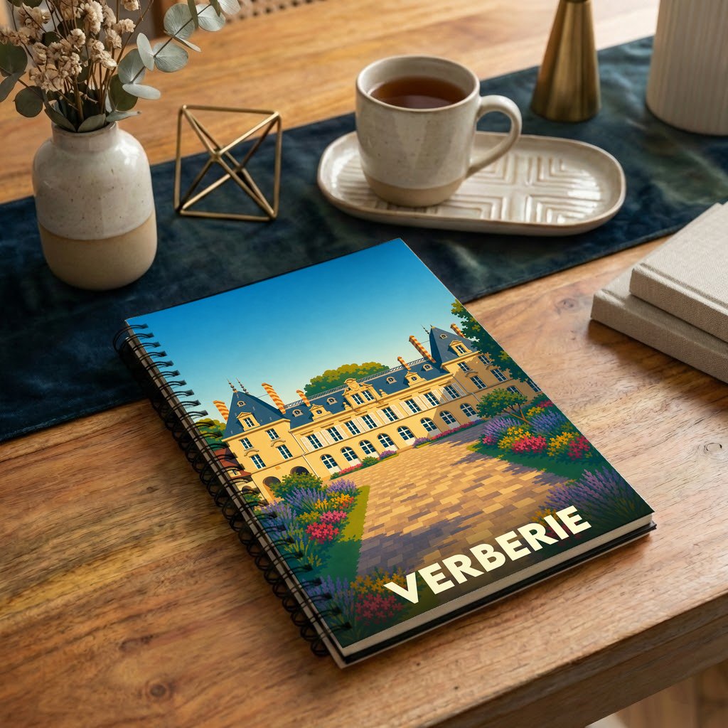 Carnet à spirales souvenir de la ville de Verberie avec une illustration colorée et stylisée d'un château.