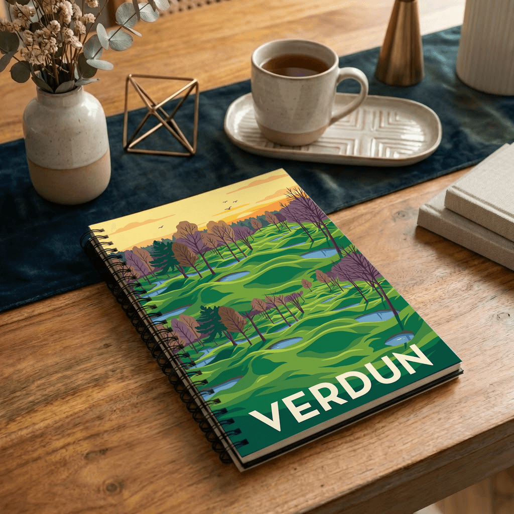 Carnet souvenir de la ville de Verdun avec une illustration stylisée de ses paysages.