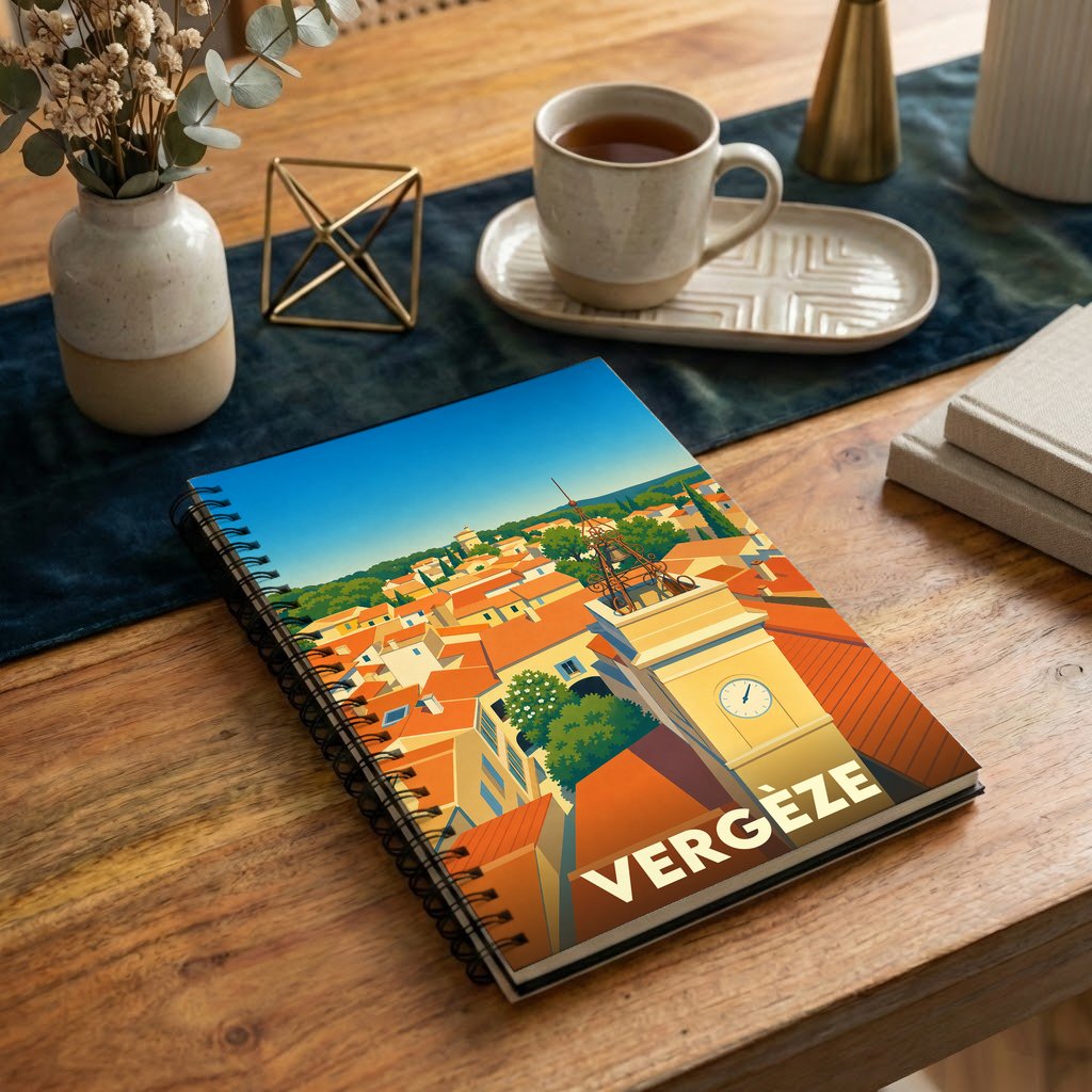 Carnet de notes à spirales avec une illustration stylisée de la ville de Vergèze sous un ciel bleu.