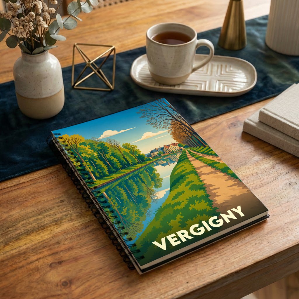 Carnet de notes à spirales souvenir de la ville de Vergigny avec une illustration stylisée d'un paysage de canal.