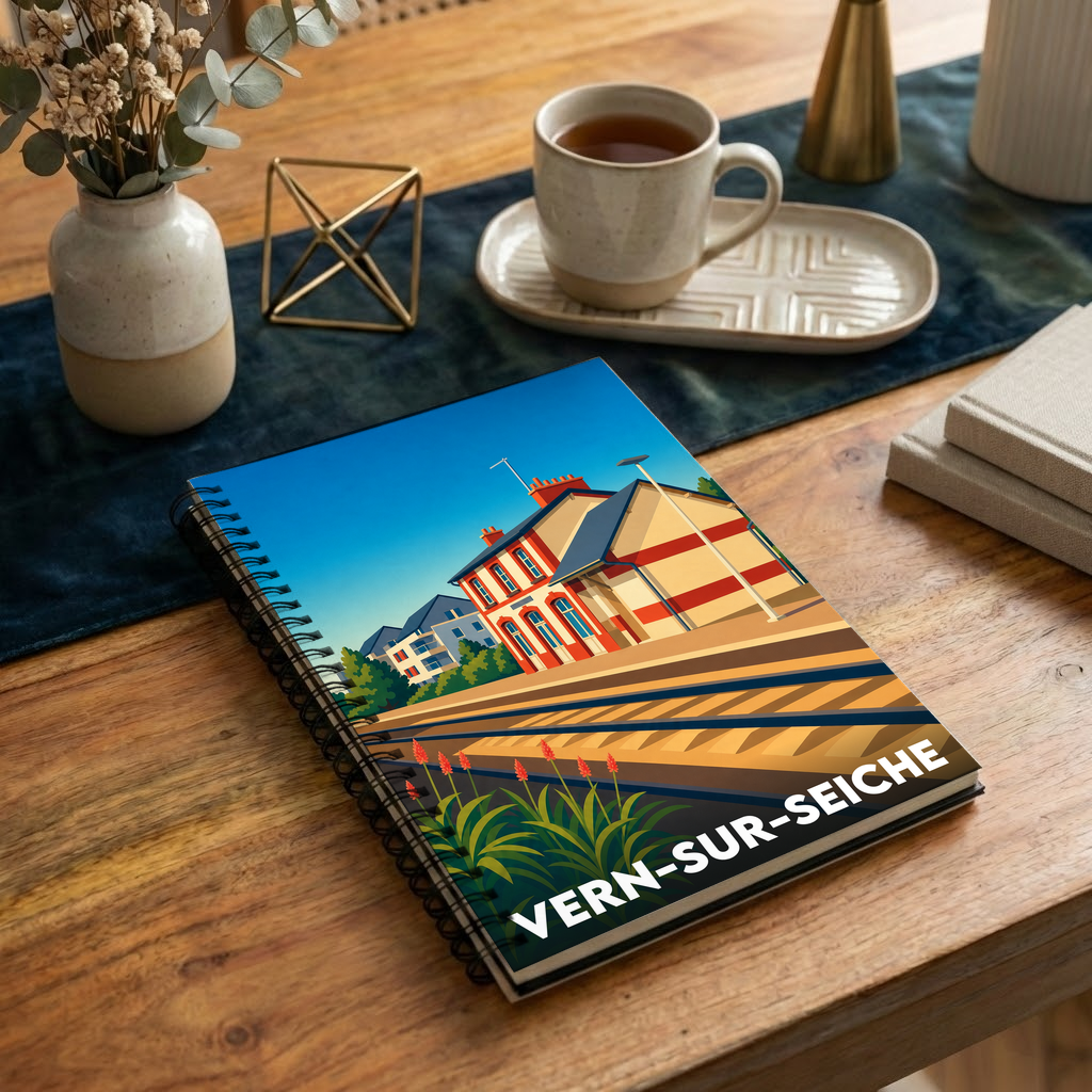 Carnet souvenir de la ville de Vern-sur-Seiche illustré par une vue stylisée de sa gare.