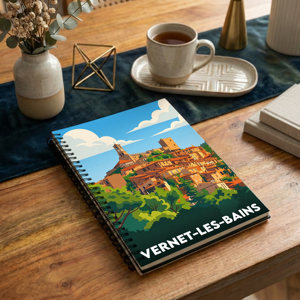 Carnet souvenir de la ville de Vernet-les-Bains avec une illustration stylisée et colorée.