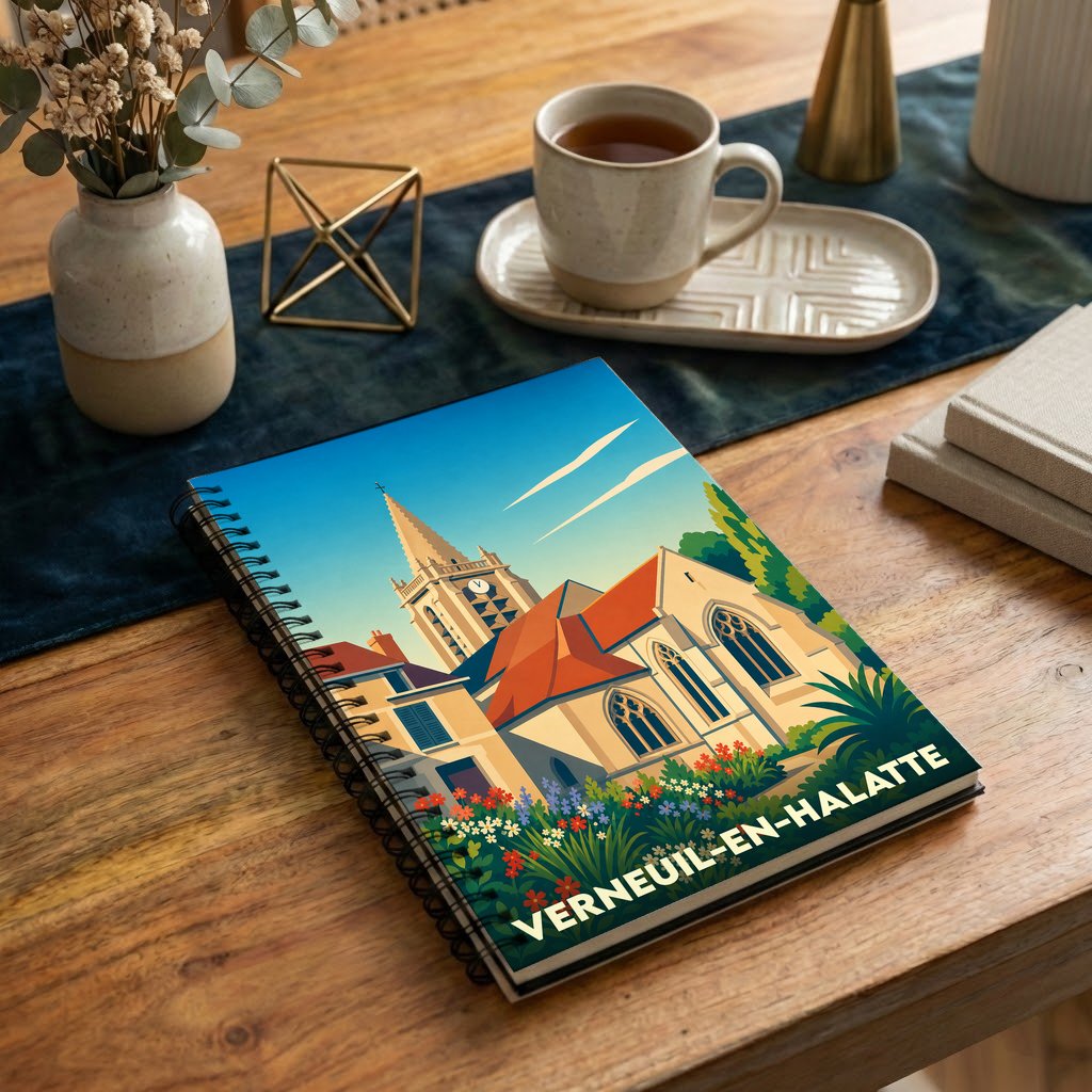 Carnet souvenir de la ville de Verneuil-en-Halatte avec une illustration stylisée de son église.