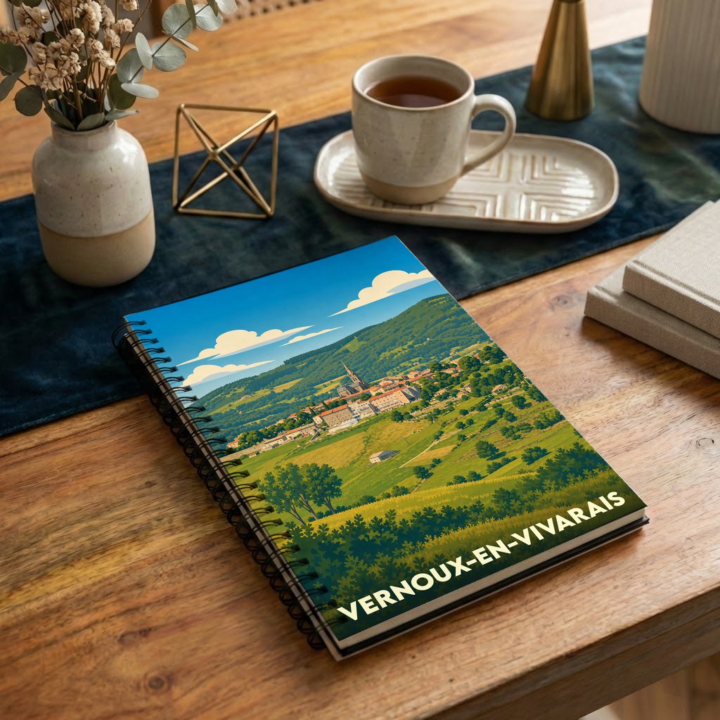 Carnet à spirales souvenir de la ville de Vernoux-en-Vivarais avec une illustration paysagère stylisée.