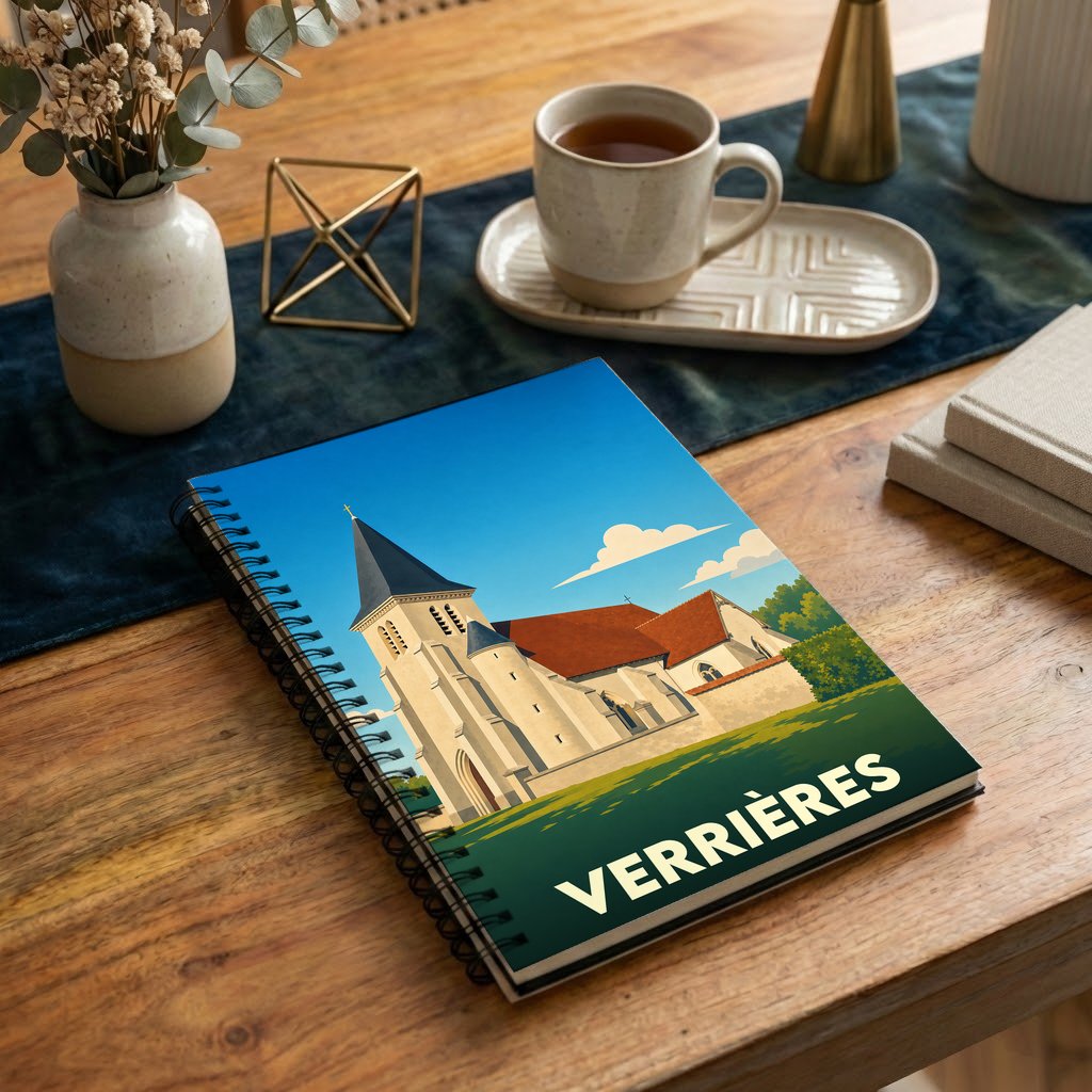 Carnet souvenir de la ville de Verrières avec une illustration stylisée de son église sous un ciel bleu.