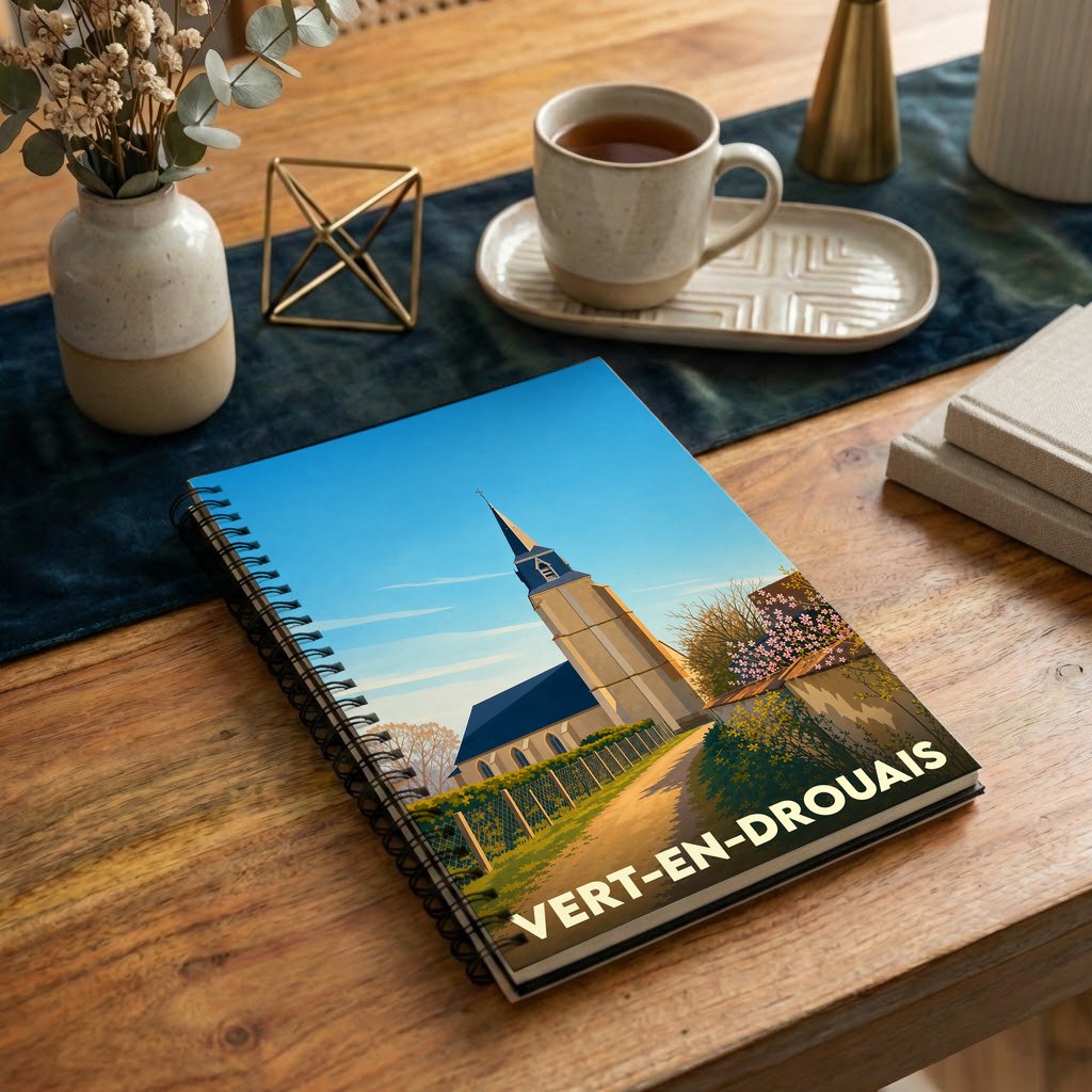 Carnet à spirales souvenir de la ville de Vert-en-Drouais avec une illustration stylisée de son église.