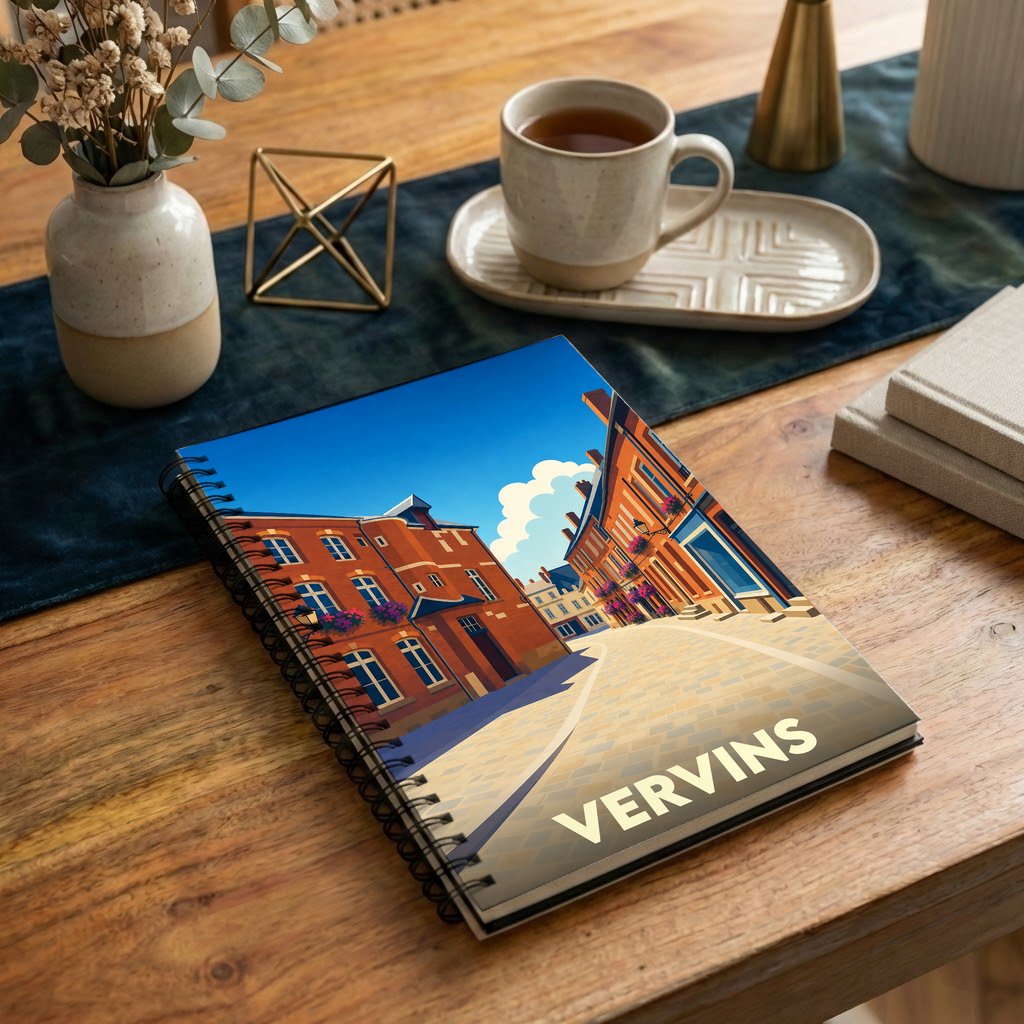 Carnet à spirales souvenir de la ville de Vervins avec une illustration stylisée de ses rues pittoresques.