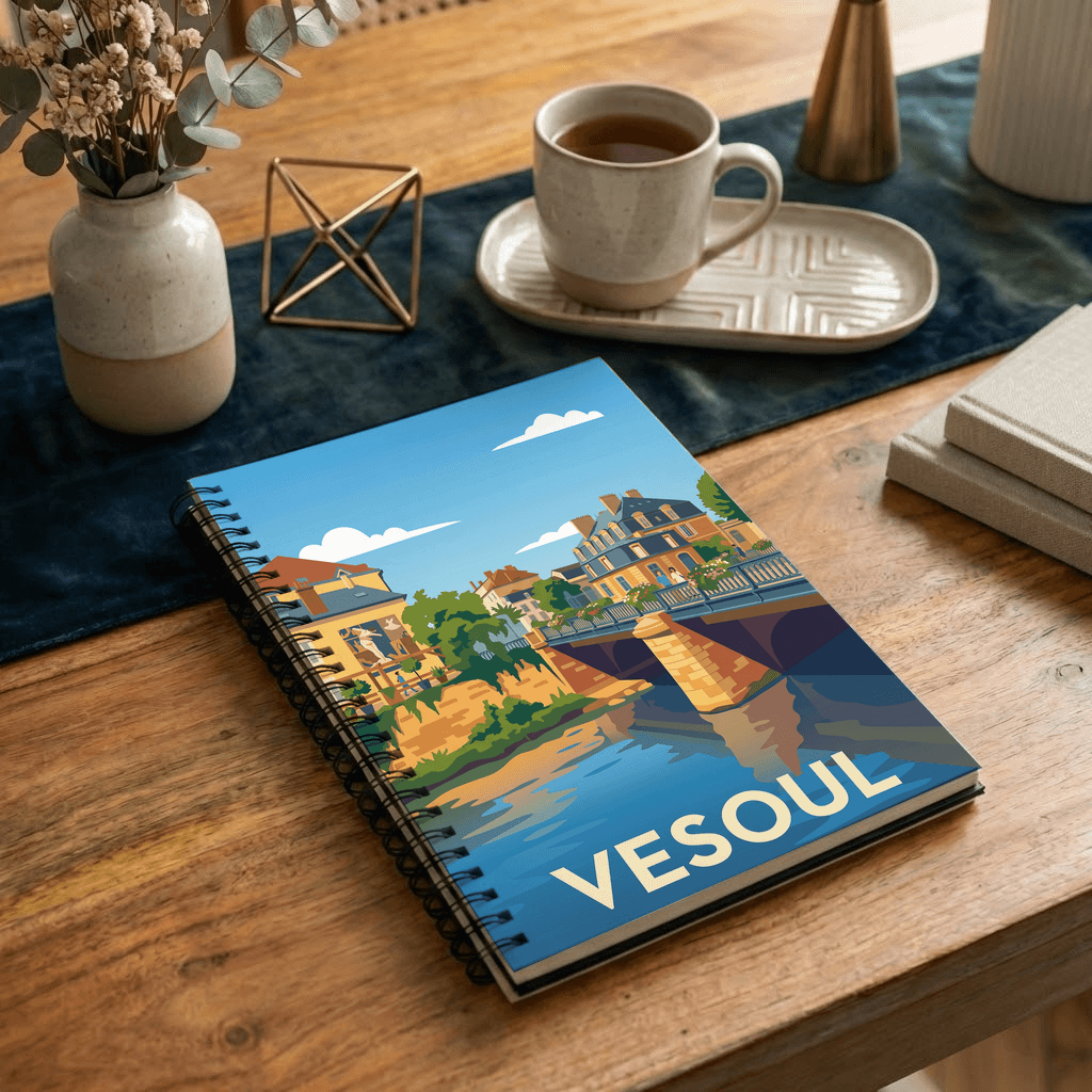 Carnet souvenir de la ville de Vesoul avec une illustration stylisée de son paysage urbain.