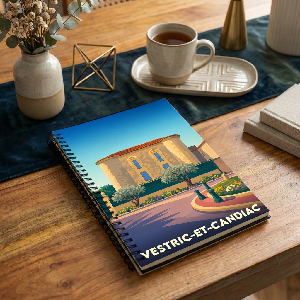 Carnet souvenir de la ville de Vestric-et-Candiac avec une illustration stylisée.
