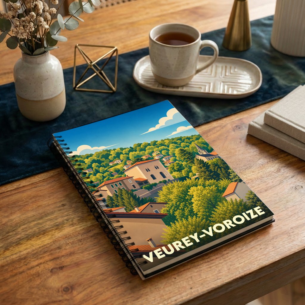 Carnet souvenir de la ville de Veurey-Voroize avec une illustration stylisée de ses paysages et habitations.