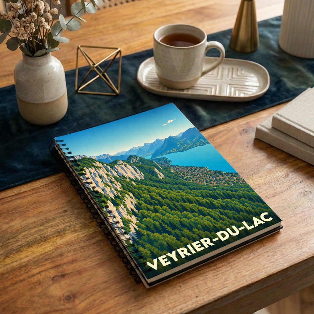 Carnet souvenir de la ville de Veyrier-du-Lac avec une illustration stylisée du lac et des montagnes.