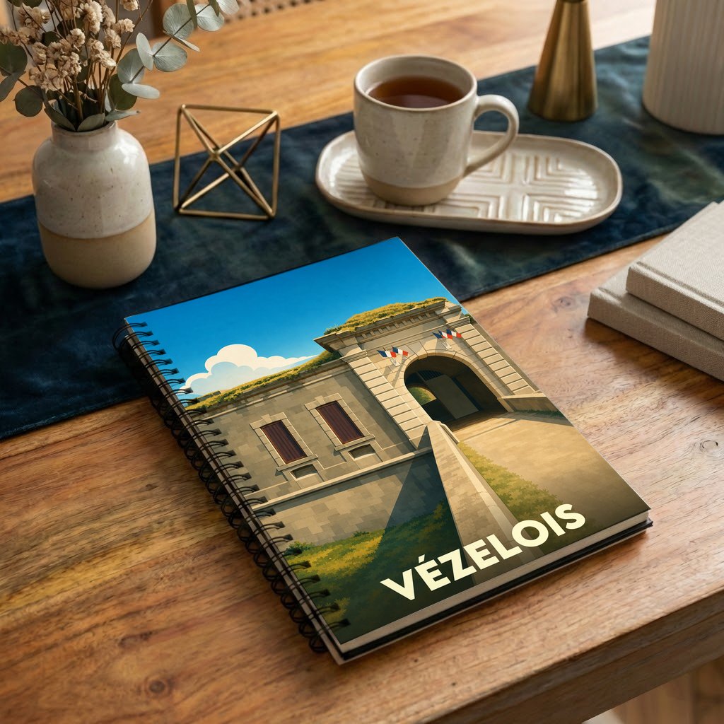 Carnet souvenir de la ville de Vézelois avec une illustration stylisée représentant les fortifications.