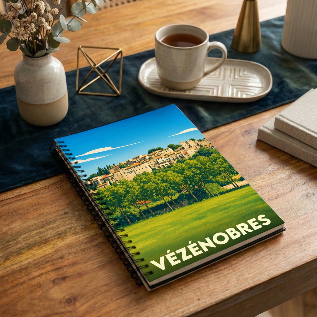 Carnet souvenir à spirales de la ville de Vézénobres avec une illustration stylisée.