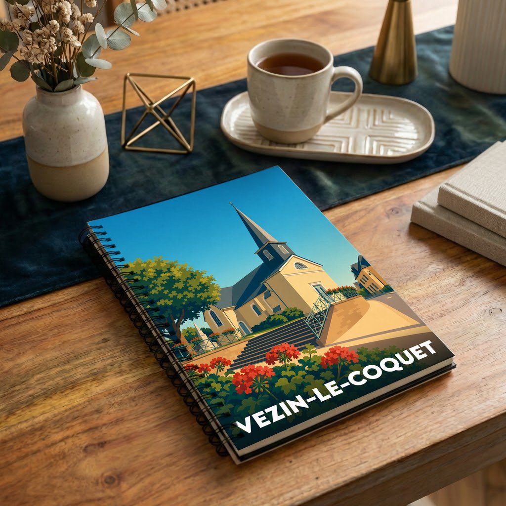 Carnet de notes souvenir de la ville de Vezin-le-Coquet illustré d'un dessin stylisé de son église.