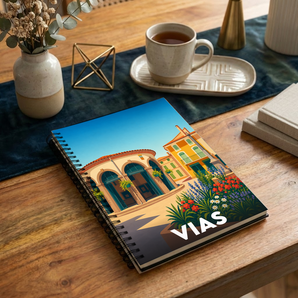 Carnet souvenir de la ville de Vias avec une illustration stylisée et colorée.