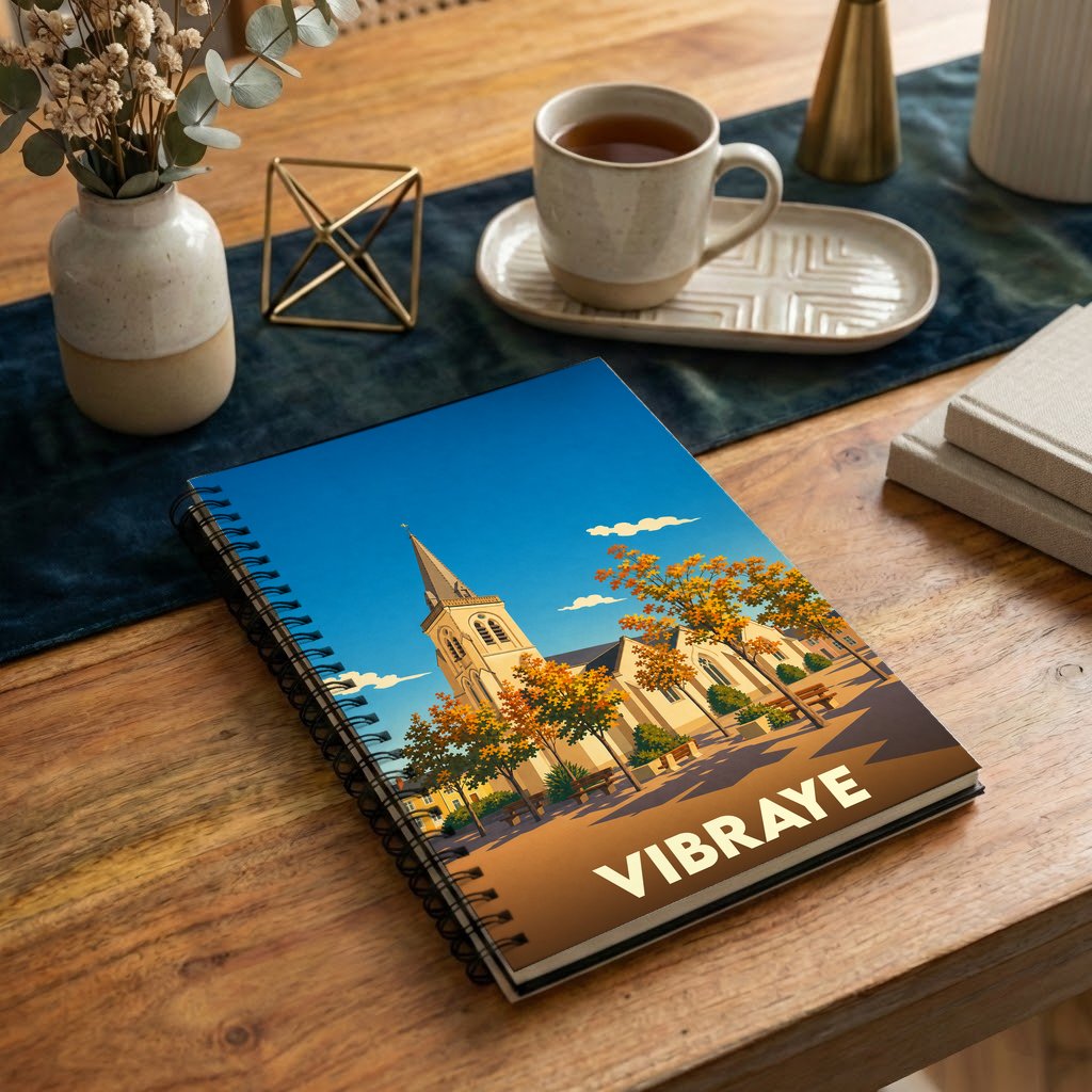 Carnet à spirales souvenir de la ville de Vibraye avec une illustration stylisée de son église en automne.