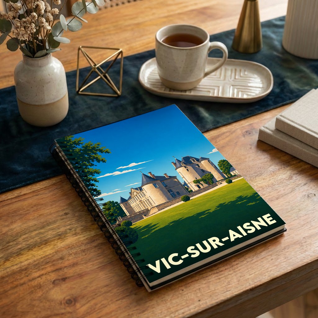 Carnet de notes souvenir de la ville de Vic-sur-Aisne avec une illustration stylisée de son château.