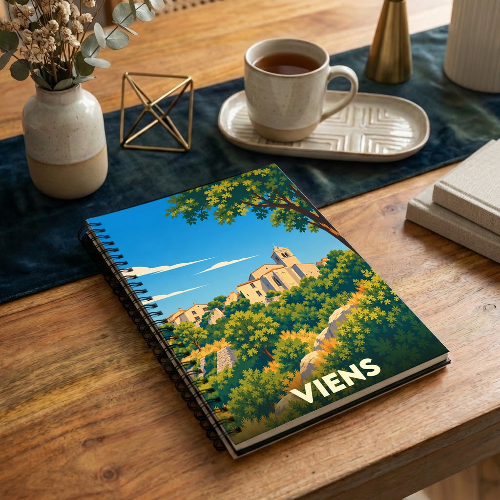 Carnet de notes souvenir de la ville de Viens avec une illustration stylisée de son village perché.