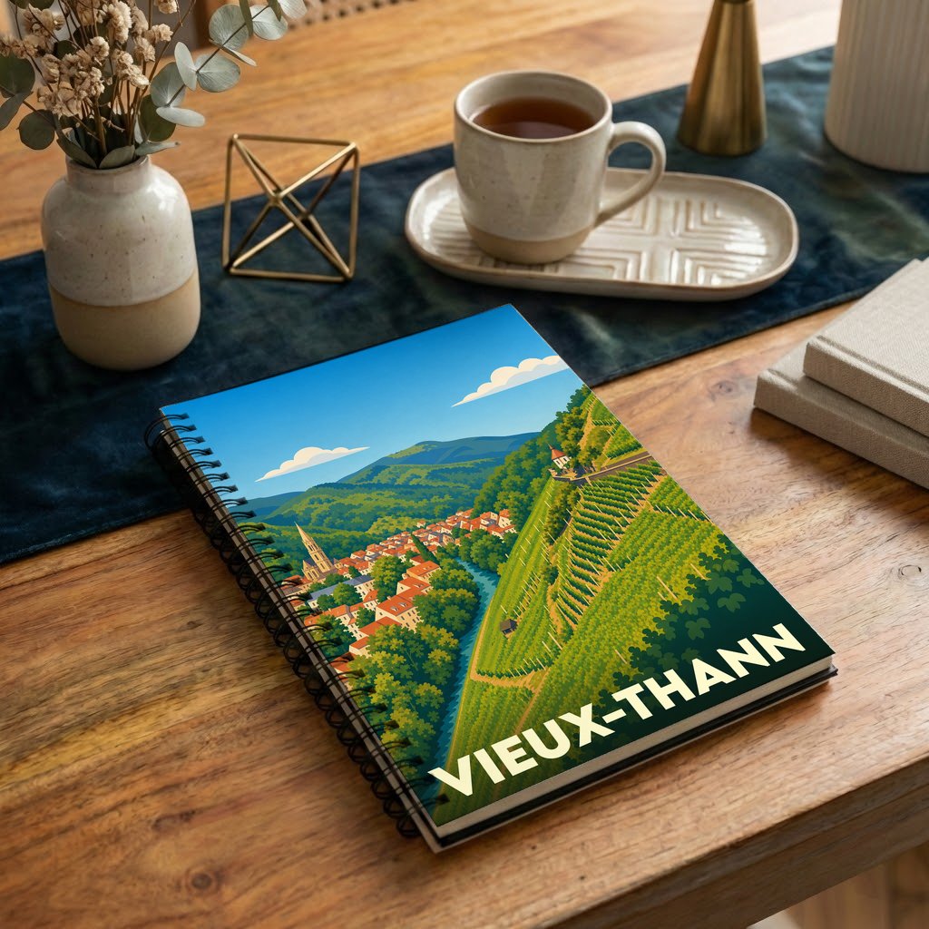 Carnet de notes à spirales avec une illustration stylisée de la ville de Vieux-Thann.