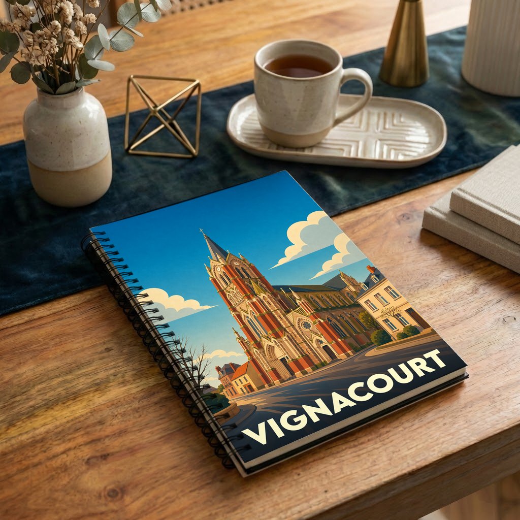 Carnet à spirales souvenir de la ville de Vignacourt avec une illustration stylisée de son église.