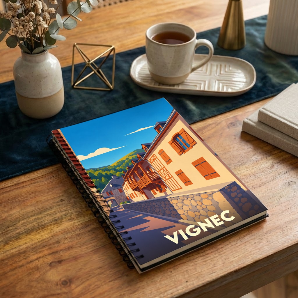 Carnet à spirales souvenir de la ville de Vignec avec une illustration stylisée.