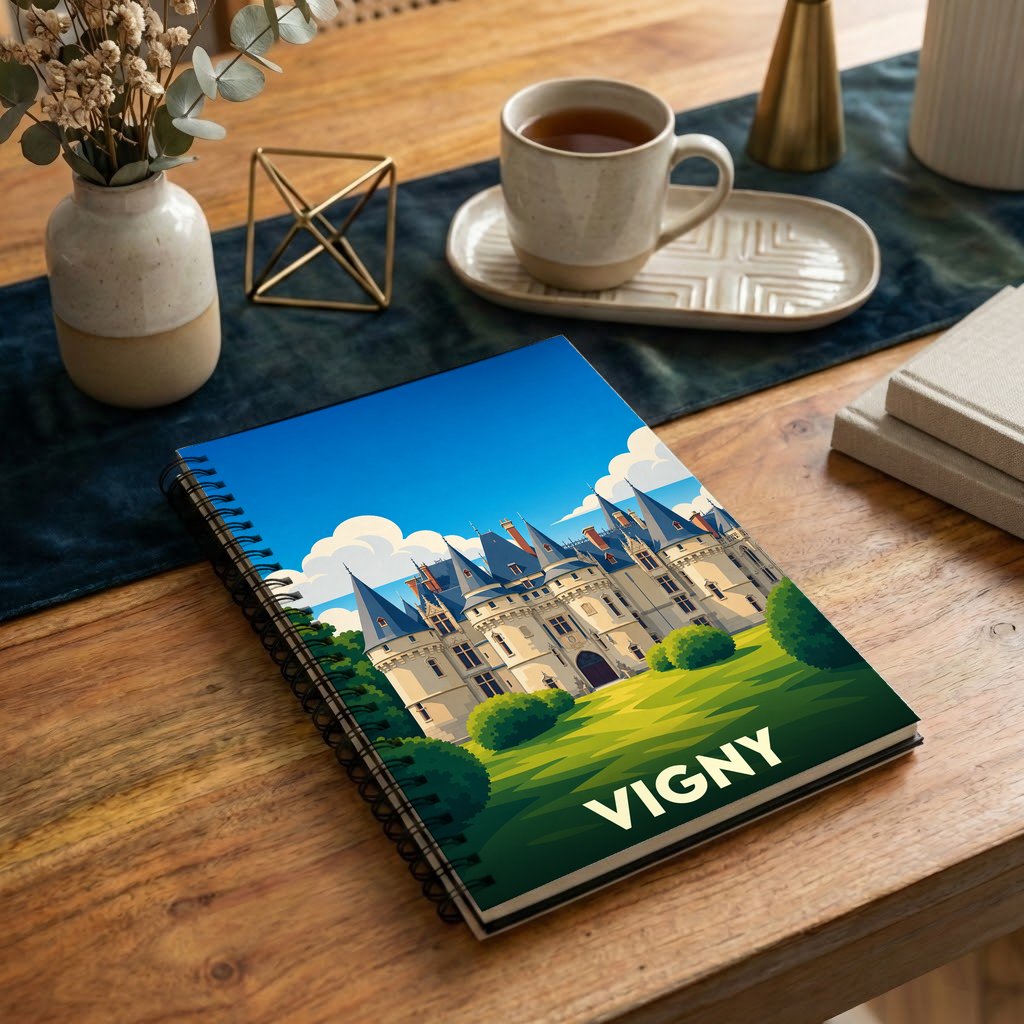 Carnet de notes souvenir de la ville de Vigny avec une illustration stylisée de son château.
