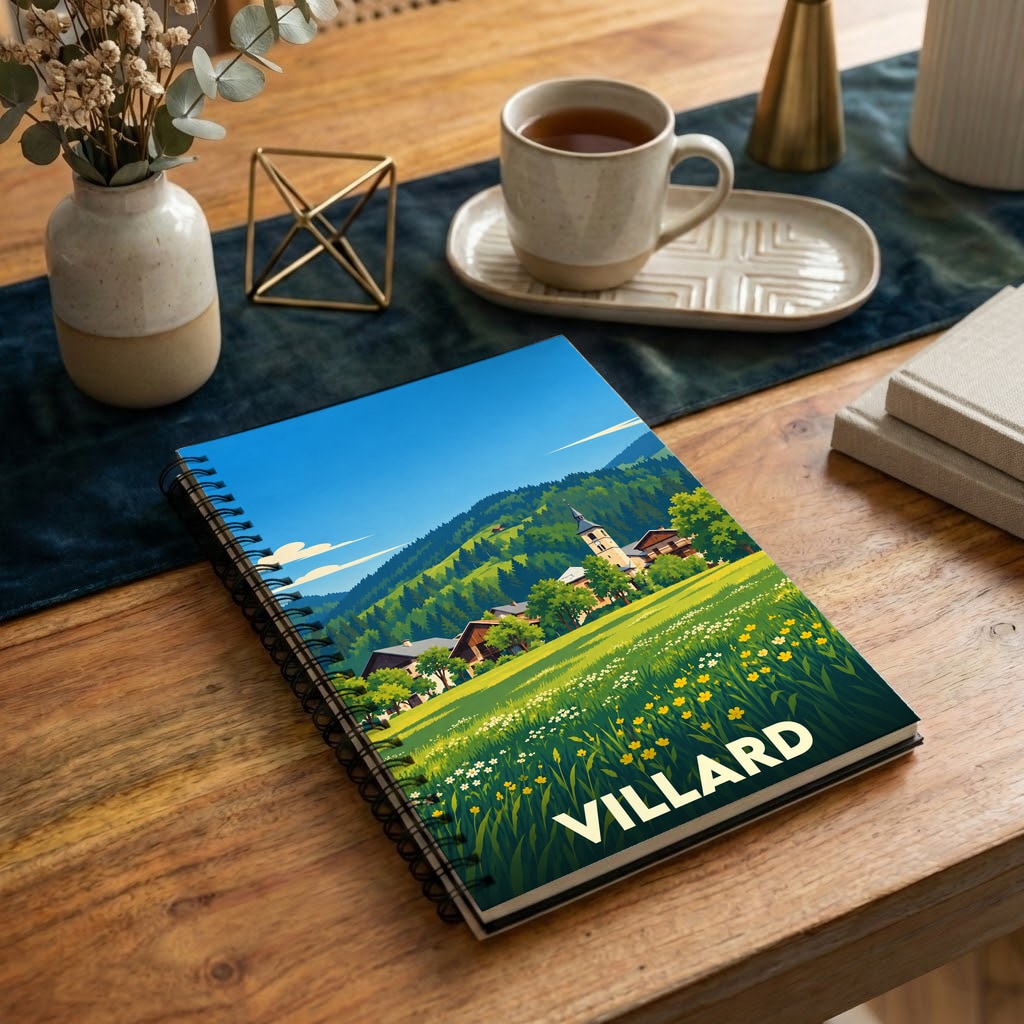 Carnet souvenir de la ville de Villard avec une illustration stylisée d'un paysage de montagne et d'un champ fleuri.