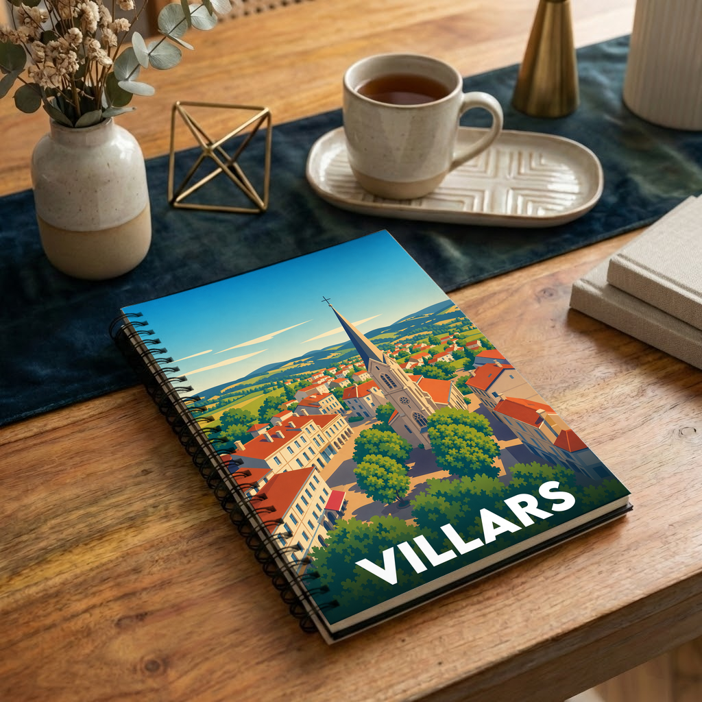 Carnet à spirales souvenir de la ville de Villars avec une illustration stylisée.