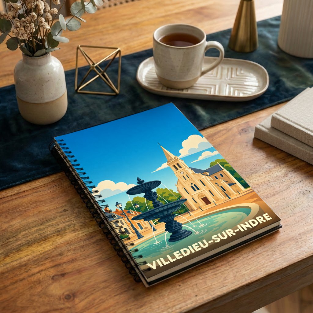 Carnet à spirales souvenir de la ville de Villedieu-sur-Indre avec une illustration stylisée d'une fontaine et d'une église.