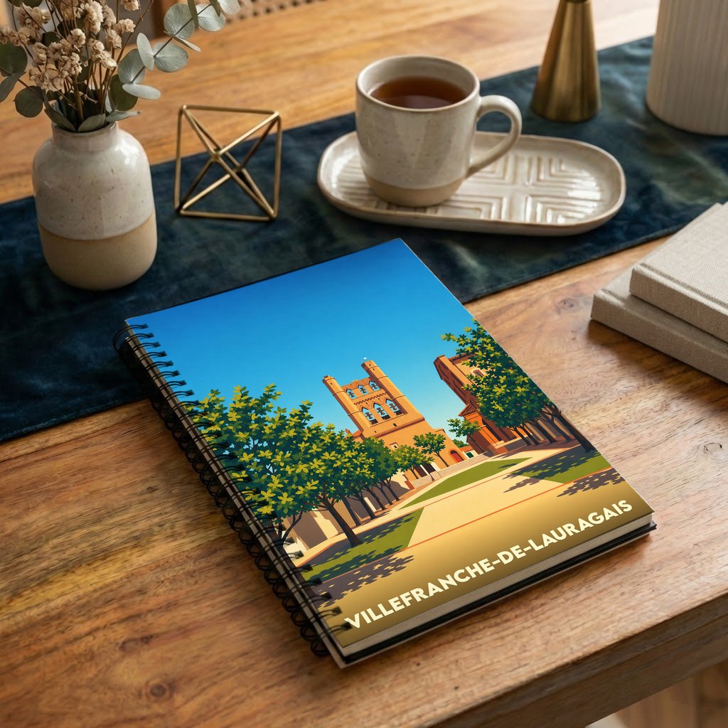 Carnet souvenir de la ville de Villefranche-de-Lauragais avec une illustration stylisée.